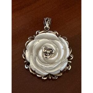 925 CFJ Mother of Pearl Rose Filigree Pendant 1.75"